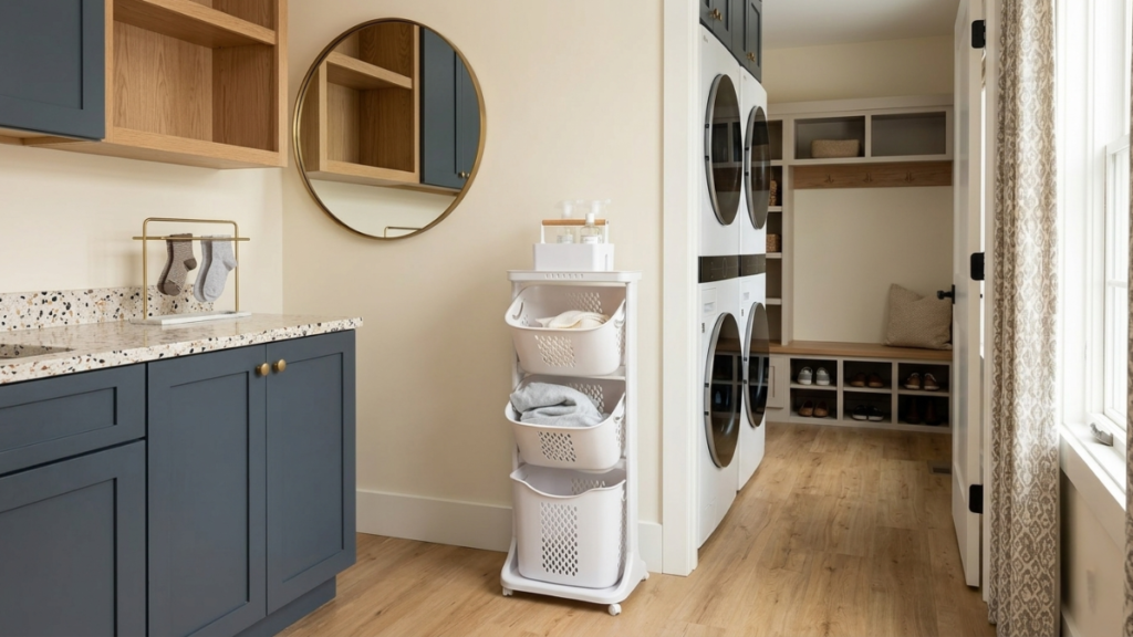 3-Tier Rolling Laundry Basket Organizer in a modern laundry room with stacked washer and dryer units, blue storage cabinets, wood flooring, and organized laundry essentials