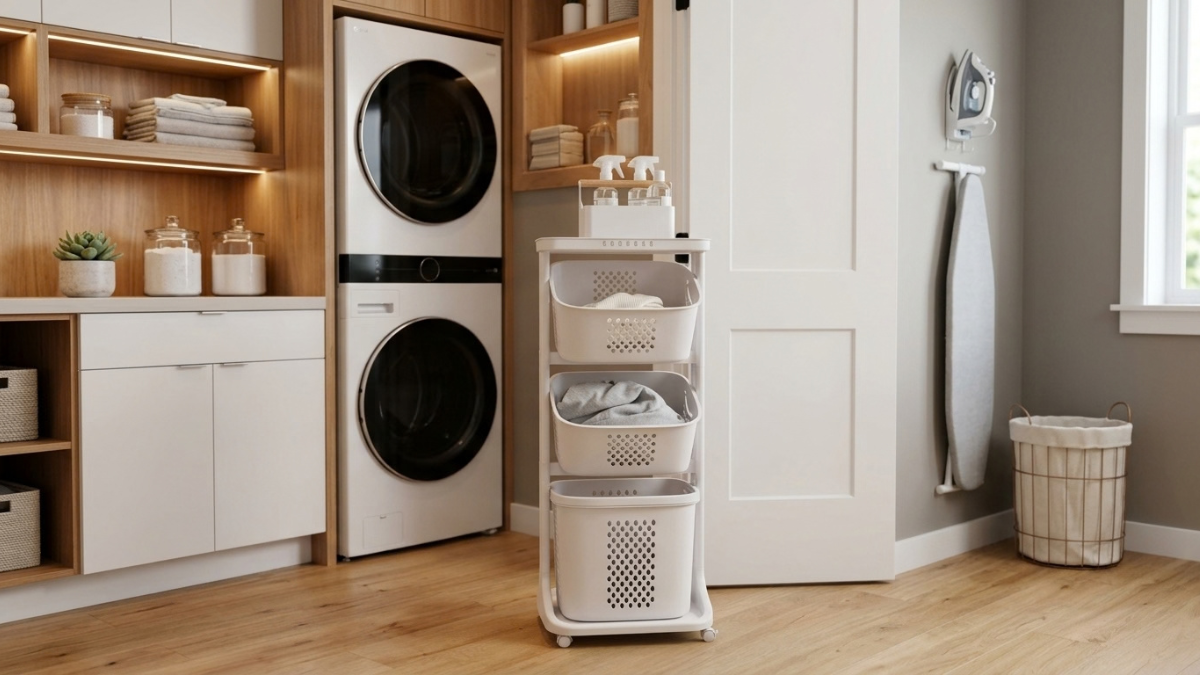 3-Tier Rolling Laundry Basket Organizer in a modern laundry room with stacked washer and dryer units, blue storage cabinets, wood flooring, and organized laundry essentials