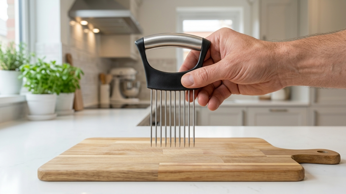 Stainless steel onion holder with protective handle held above a wooden cutting board in a kitchen