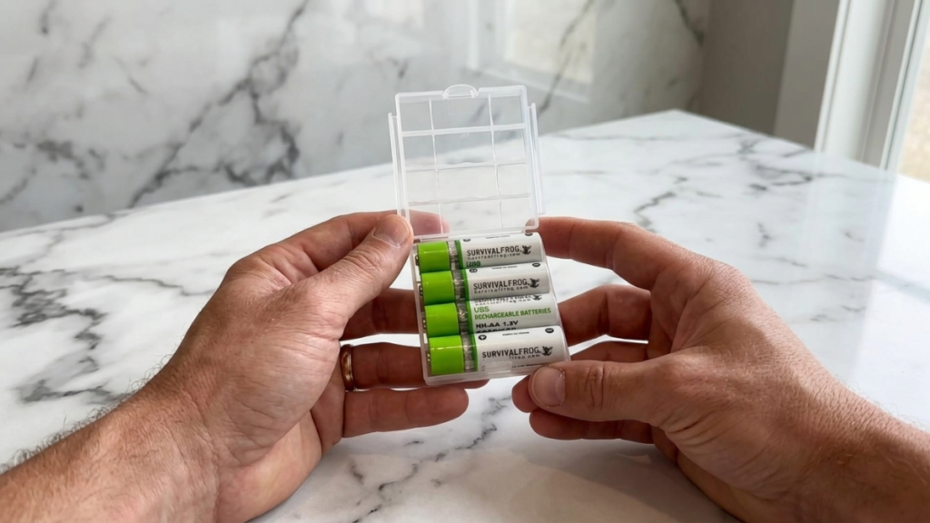USB rechargeable AA batteries stored in a clear protective case on a marble countertop