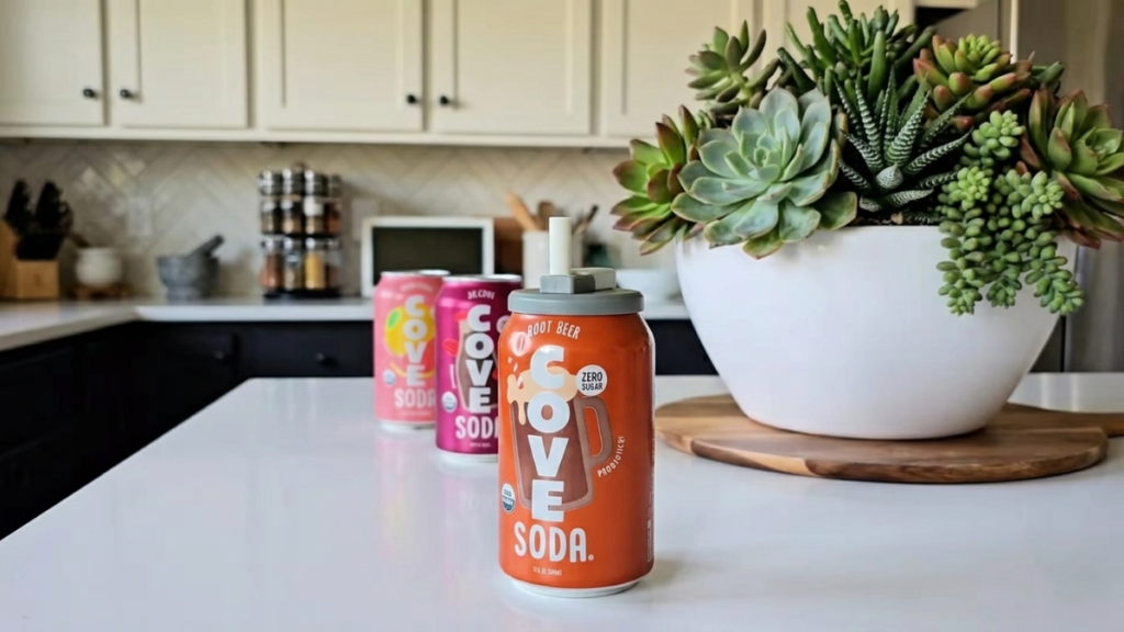 Reusable soda can lid with straw attached to a soda can on a modern kitchen island