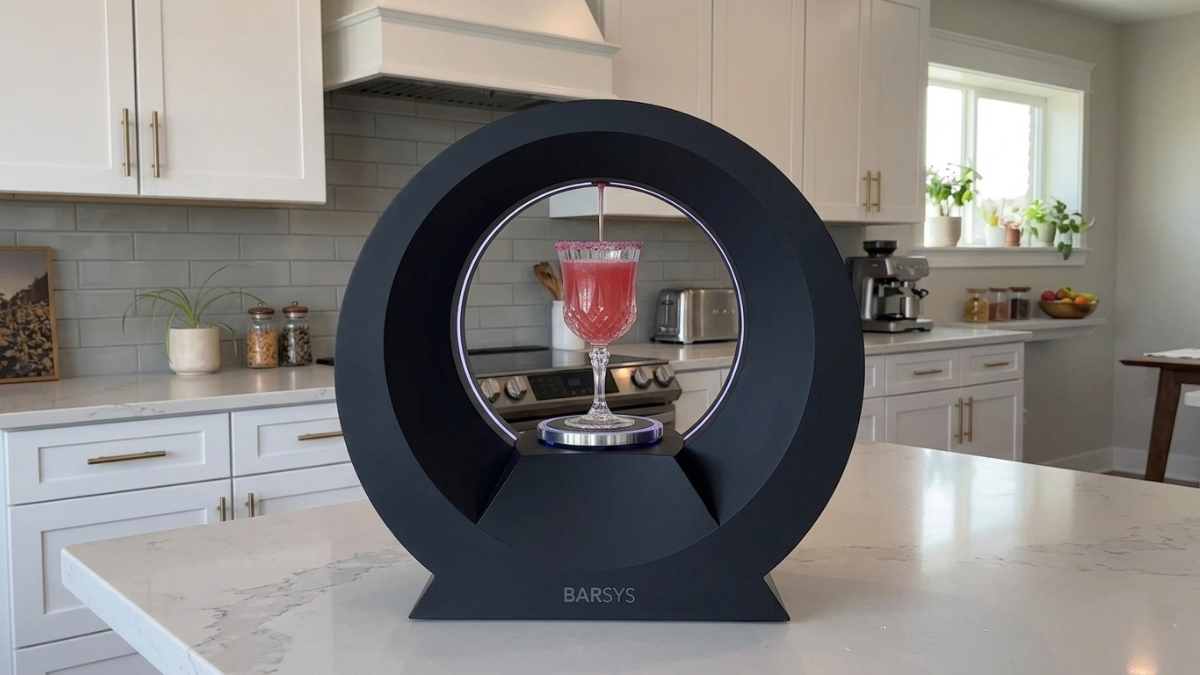 Barsys smart cocktail maker displaying a mixed drink on a modern kitchen island