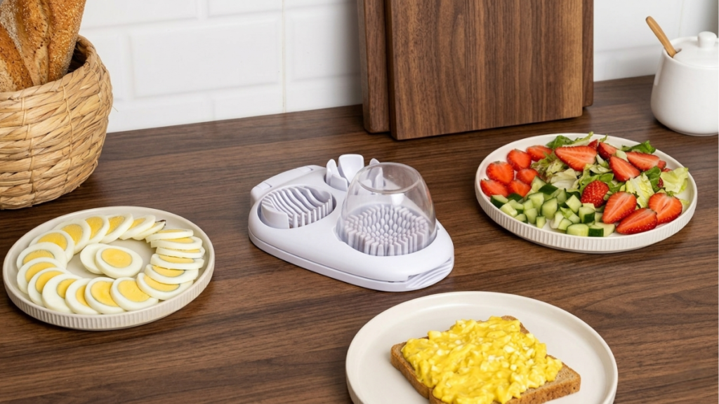 Multi-function egg slicer surrounded by sliced eggs and fresh salad ingredients on a wooden countertop