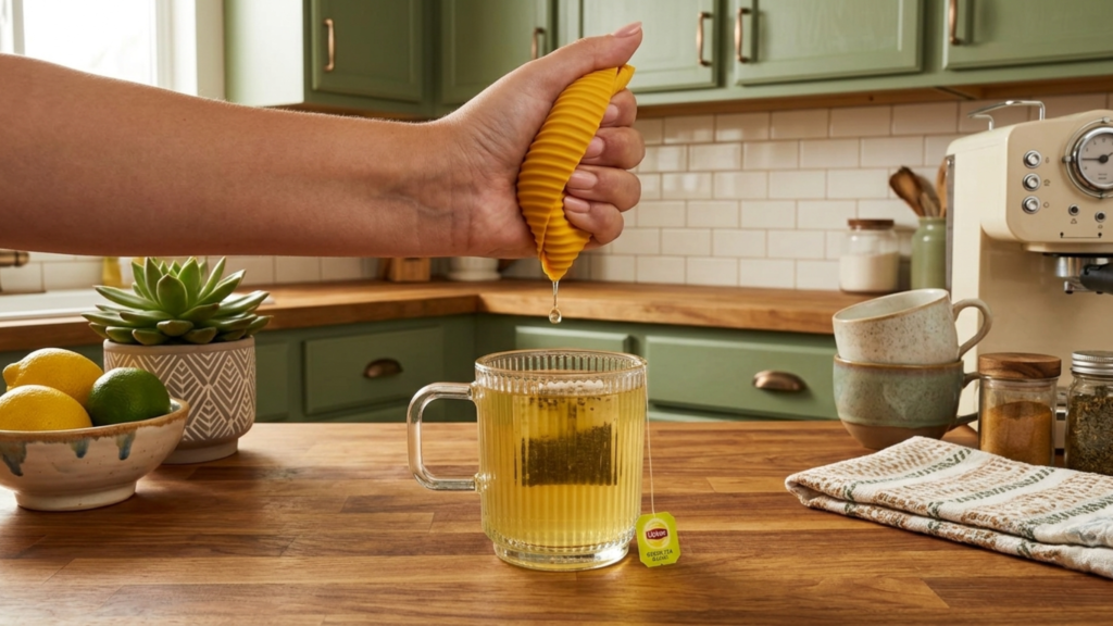 Funny pasta-shaped lemon squeezer being used to squeeze lemon juice into a glass on a kitchen countertop
