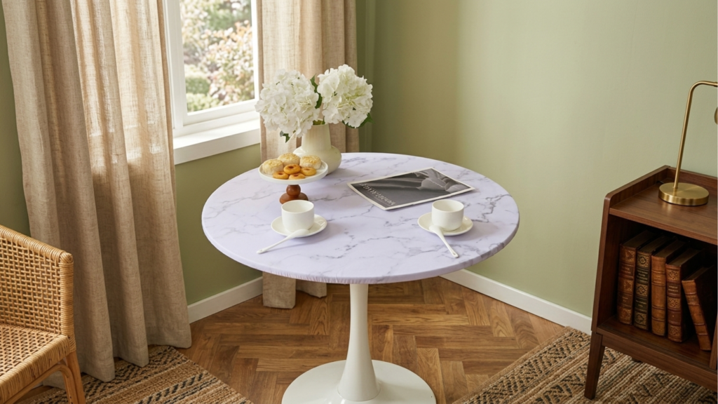 Fitted round tablecloth covering a dining table in a cozy room with a marble pattern and secure fitted design