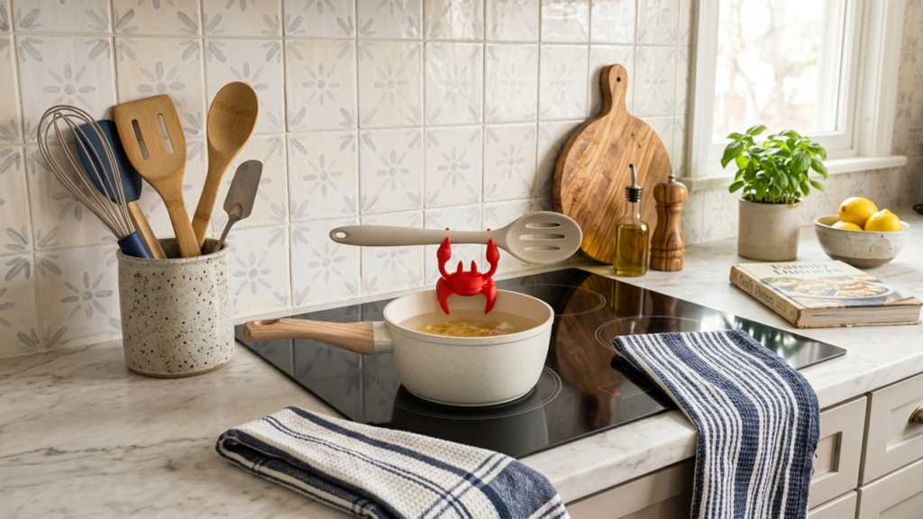 Fun crab-shaped spoon rest that holds a cooking spoon and helps release steam from a pot.